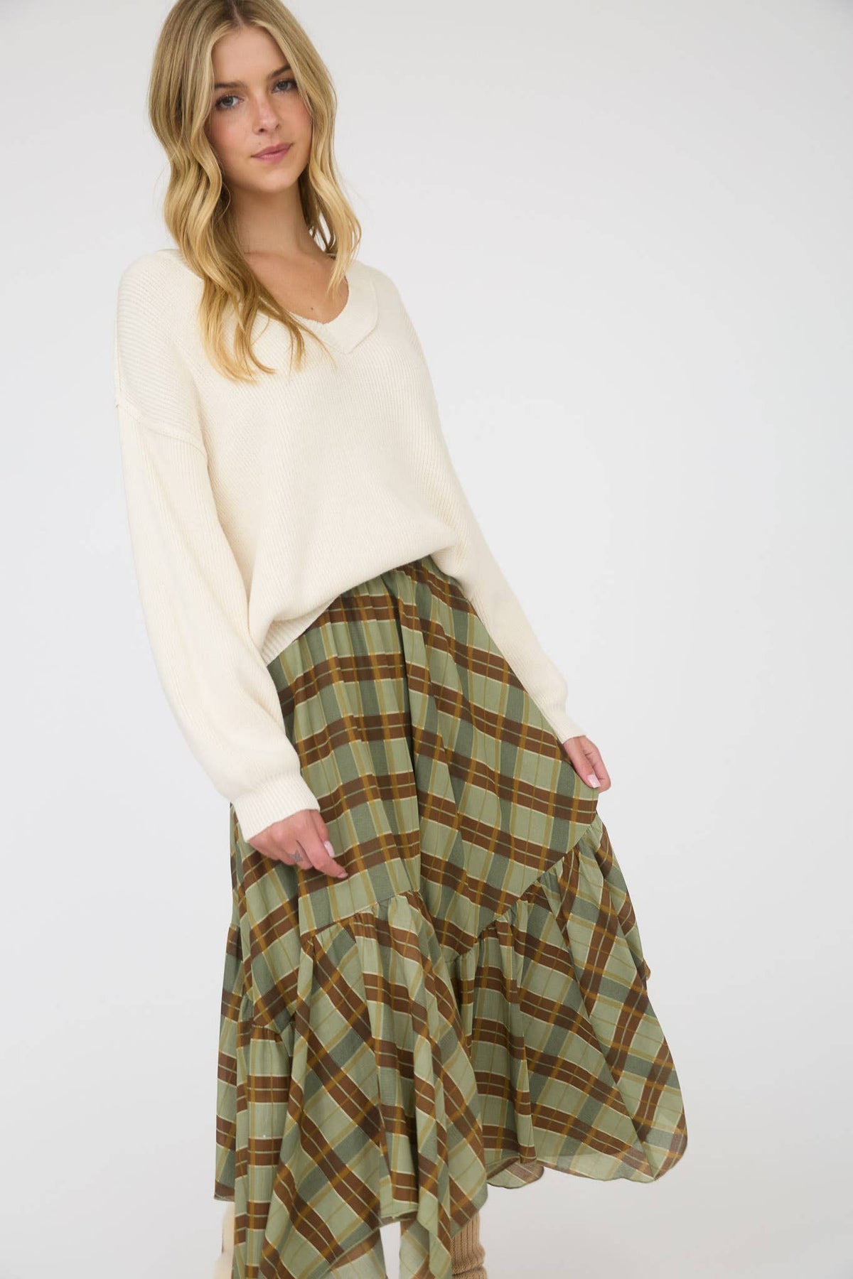 Josie Plaid Ruffle Midi Skirt