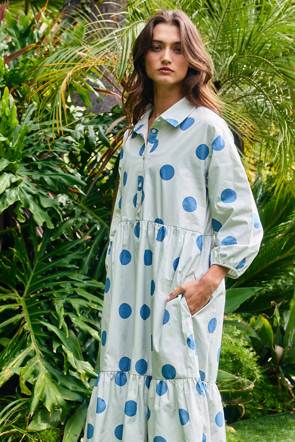ID4253B | Polka Dot Print Tiered Midi Shirt Dress