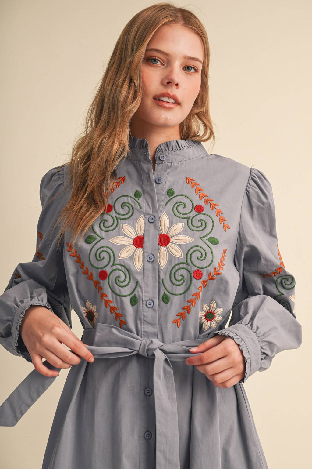 FLORAL EMBROIDERY BUTTON DOWN BELTED MIDI DRESS MDR5320
