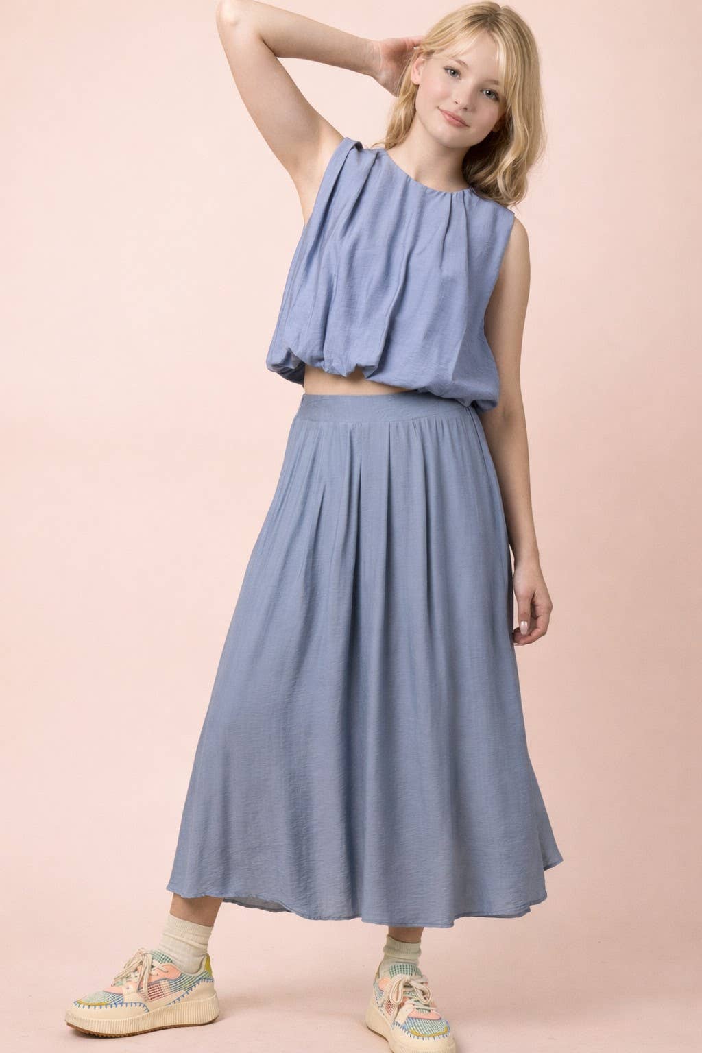 Pleated Bubble Blouse Top & Midi Skirt Set