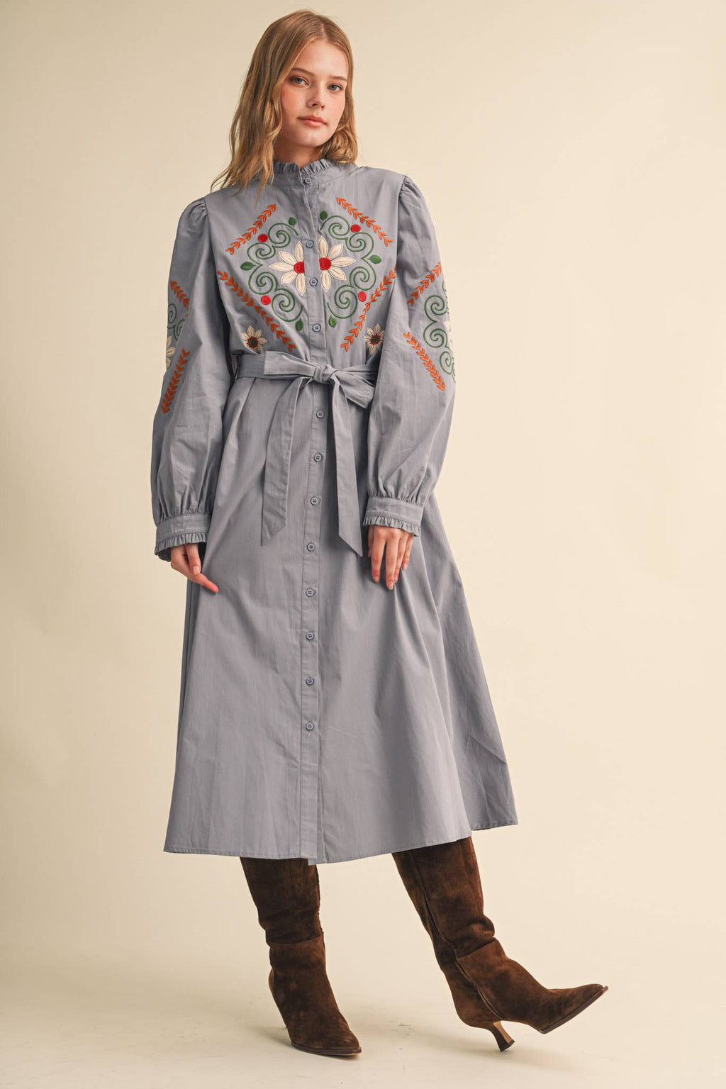 FLORAL EMBROIDERY BUTTON DOWN BELTED MIDI DRESS MDR5320