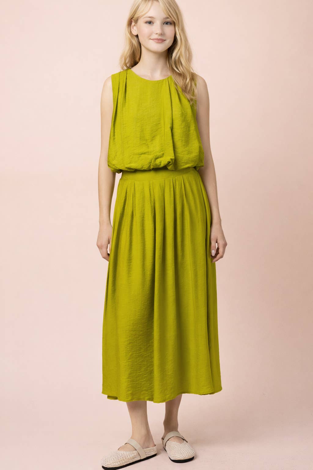 Pleated Bubble Blouse Top & Midi Skirt Set