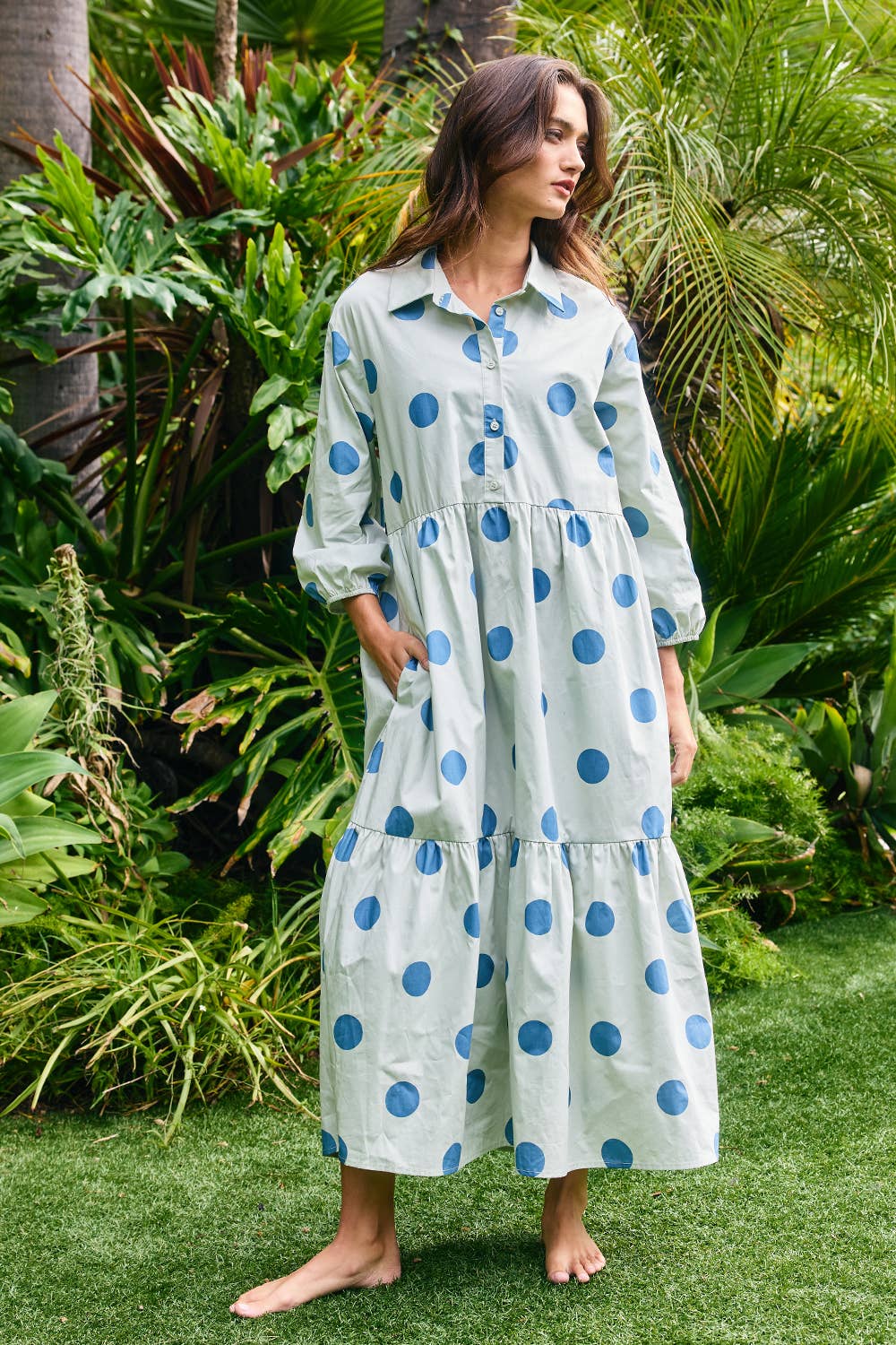 ID4253B | Polka Dot Print Tiered Midi Shirt Dress