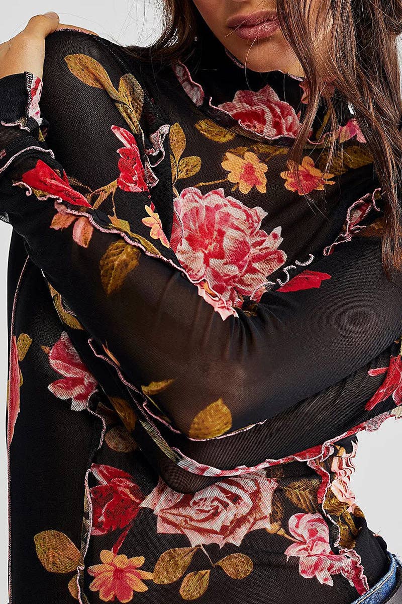 Floral Mesh Long Sleeve Blouse