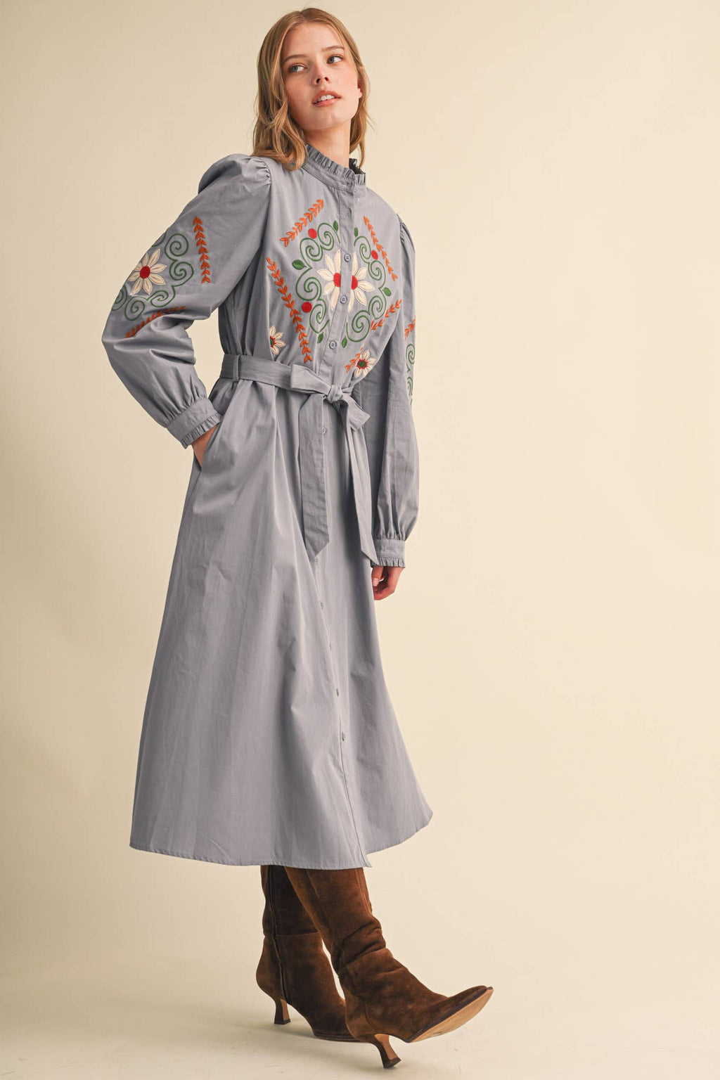 FLORAL EMBROIDERY BUTTON DOWN BELTED MIDI DRESS MDR5320