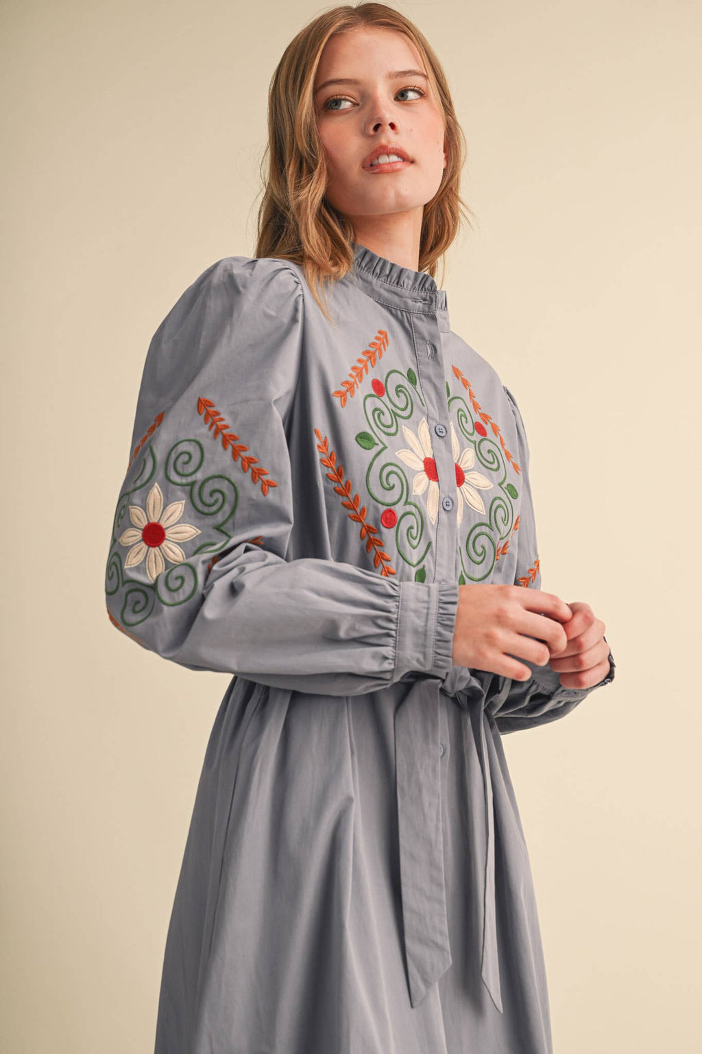 FLORAL EMBROIDERY BUTTON DOWN BELTED MIDI DRESS MDR5320