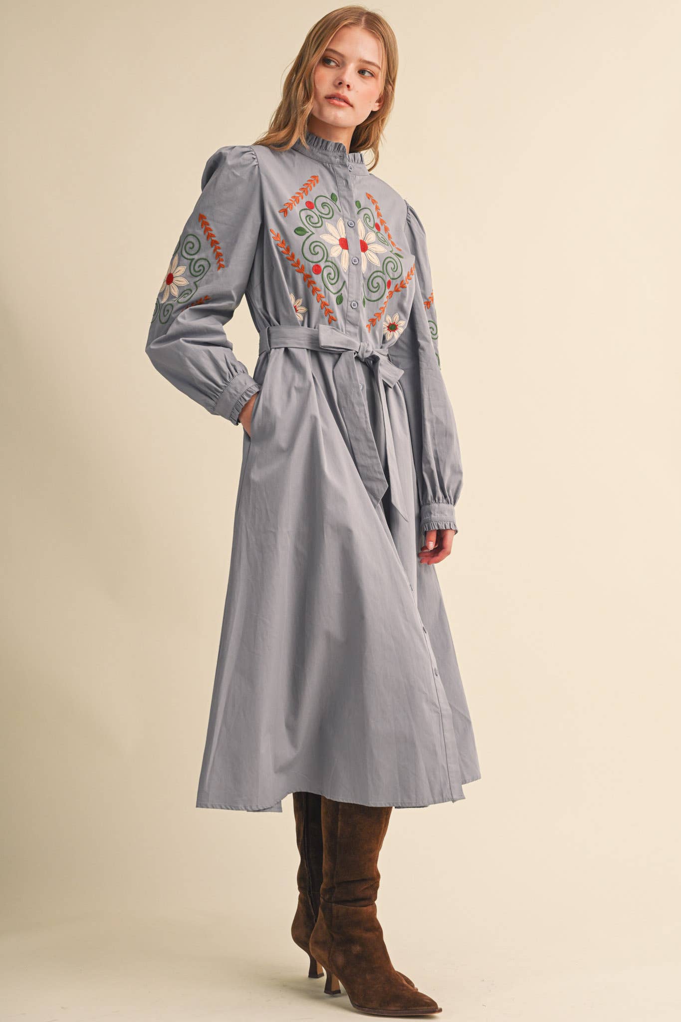 FLORAL EMBROIDERY BUTTON DOWN BELTED MIDI DRESS MDR5320
