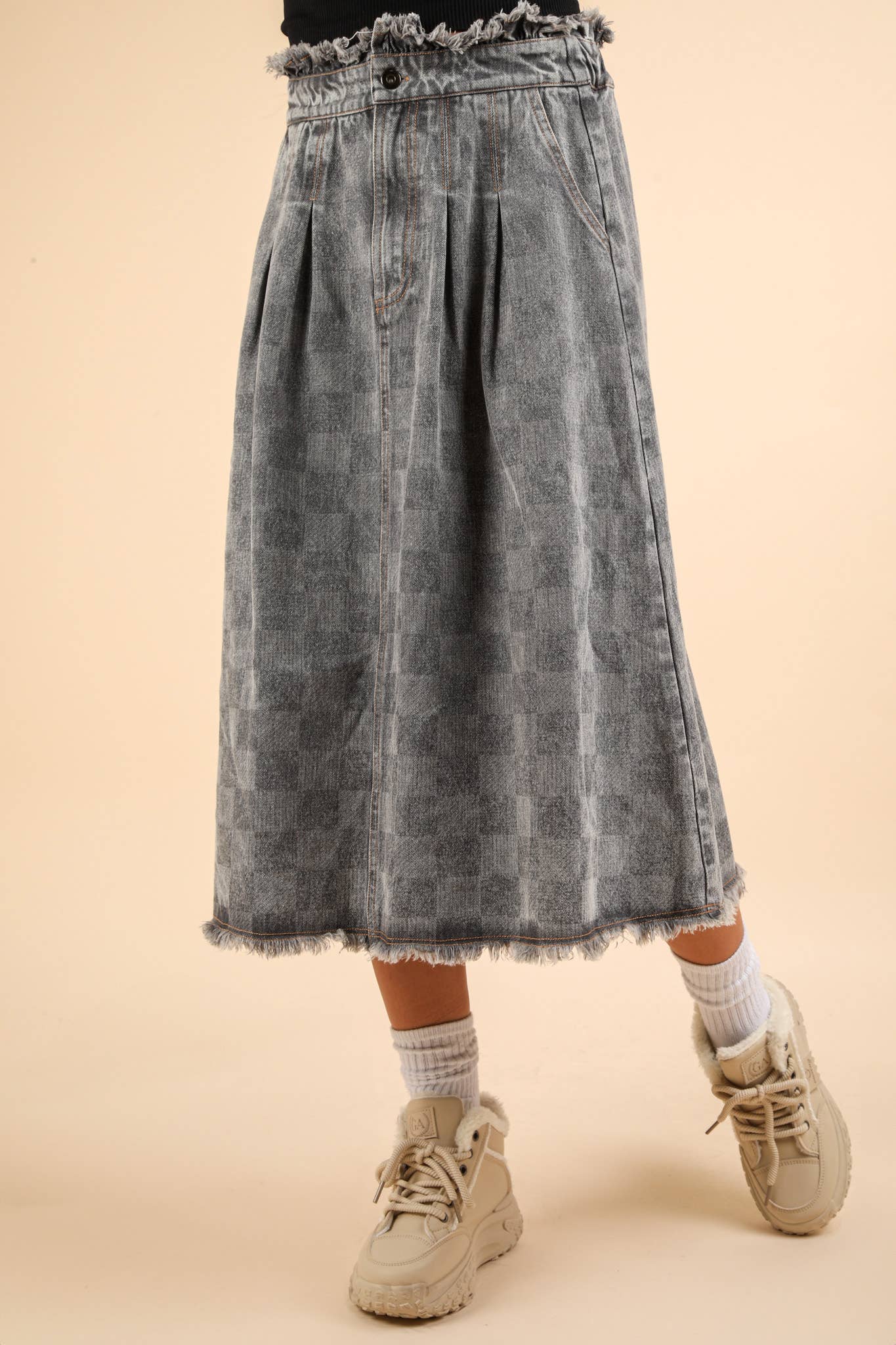 The Opal Check Midi Denim Skirt