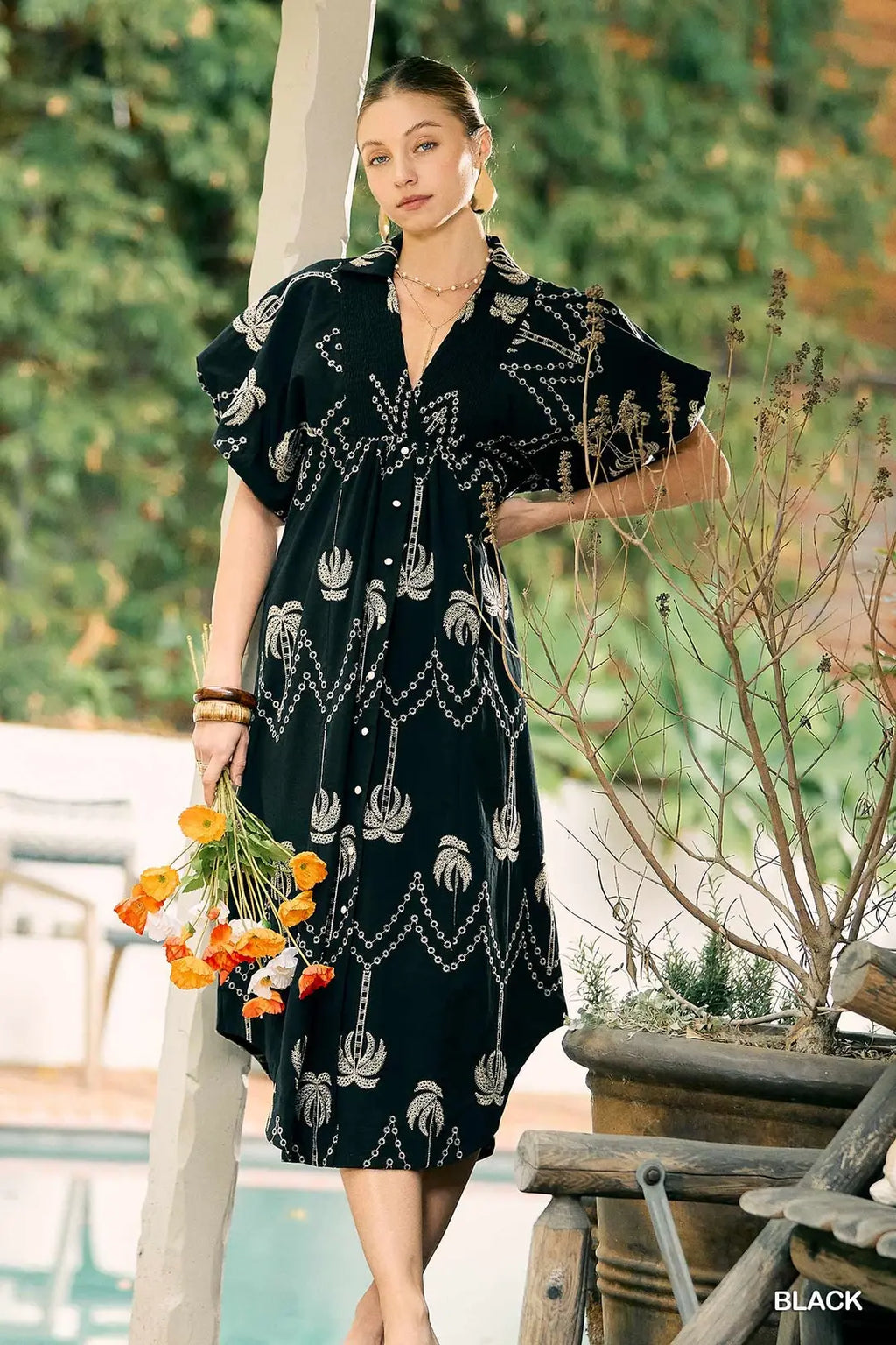 Hannah Embroidered Puff Sleeve Midi Dress