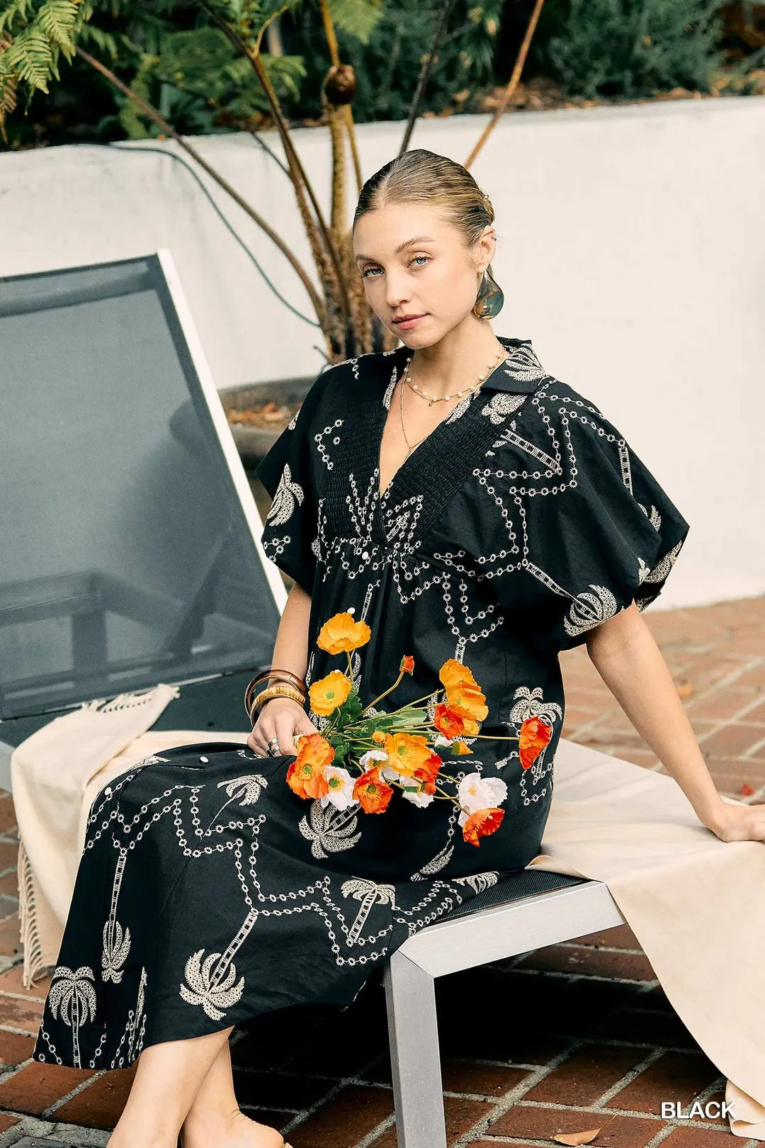Hannah Embroidered Puff Sleeve Midi Dress