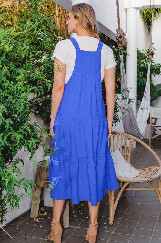 Solid Button Sling Tiered Midi Dress Blue