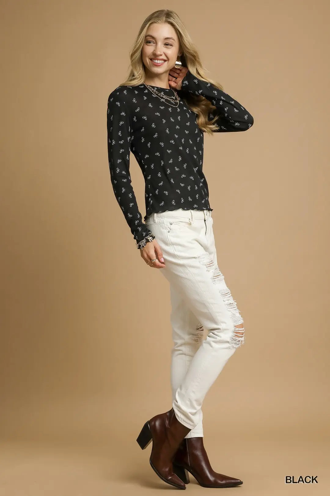 Bow Print Lightweight Knit Top