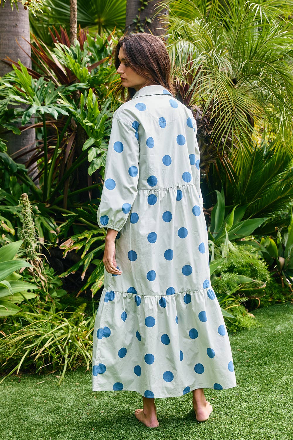ID4253B | Polka Dot Print Tiered Midi Shirt Dress