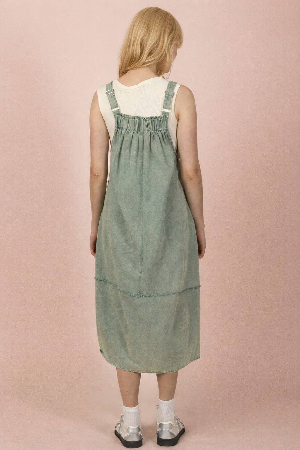 Mineral Washed Denim Overall Casual Midi Dress