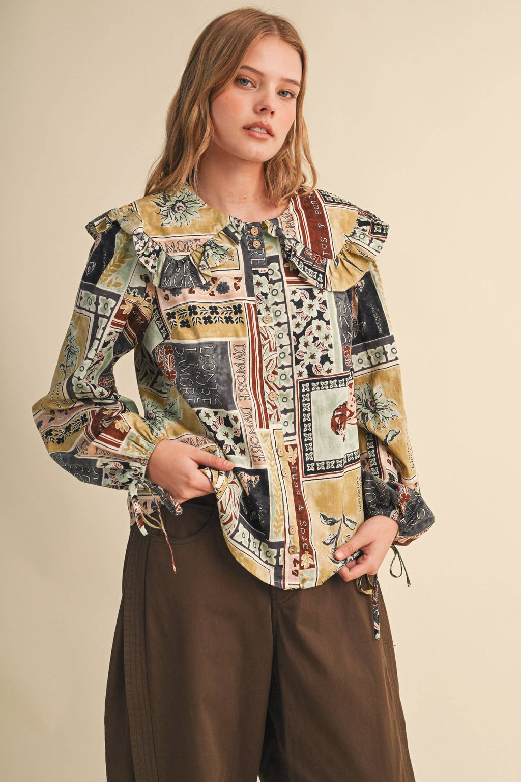 PATCHWORK PRINT DOLL COLLAR BUTTON UP TOP MTP5357