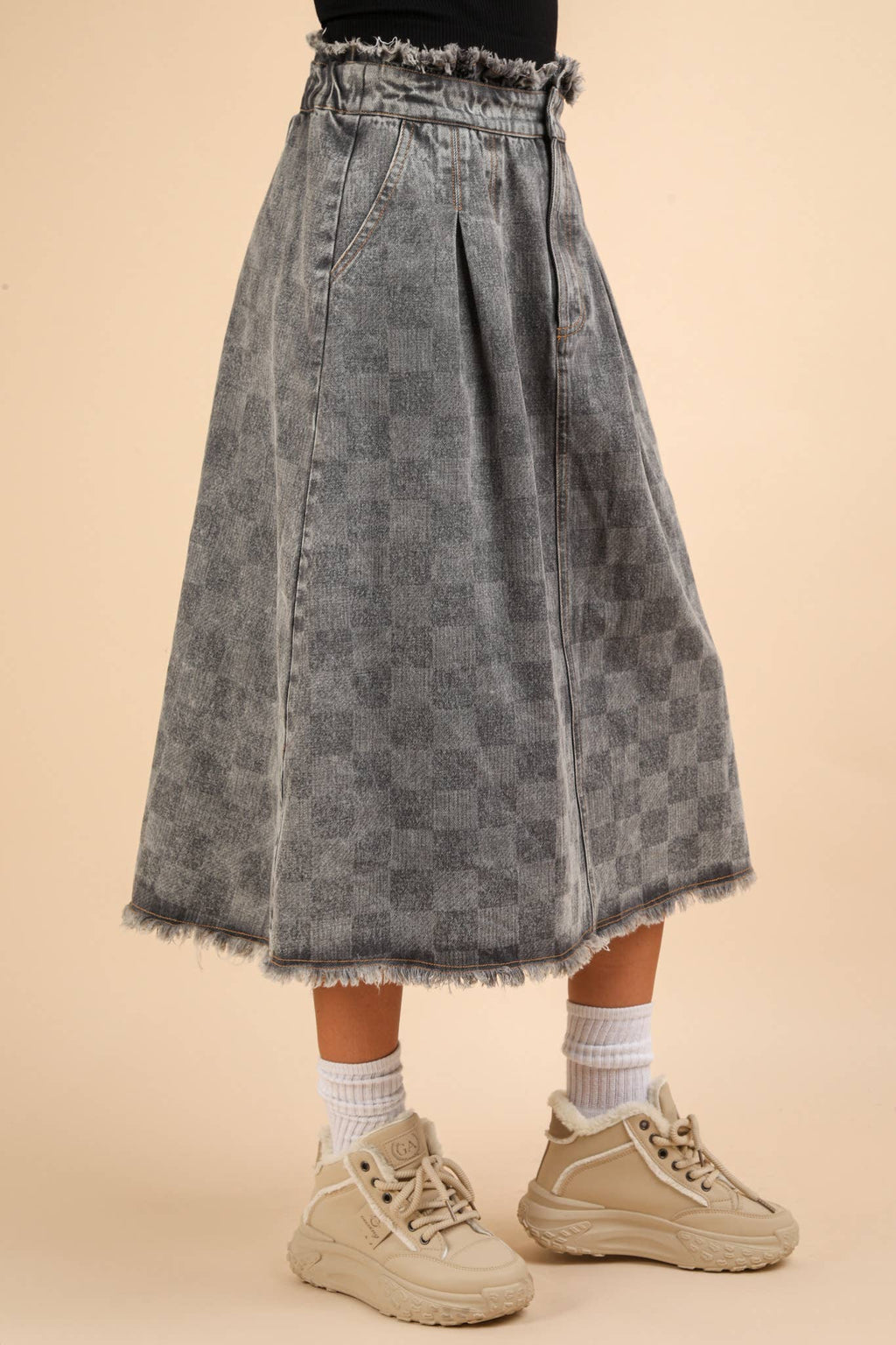 The Opal Check Midi Denim Skirt
