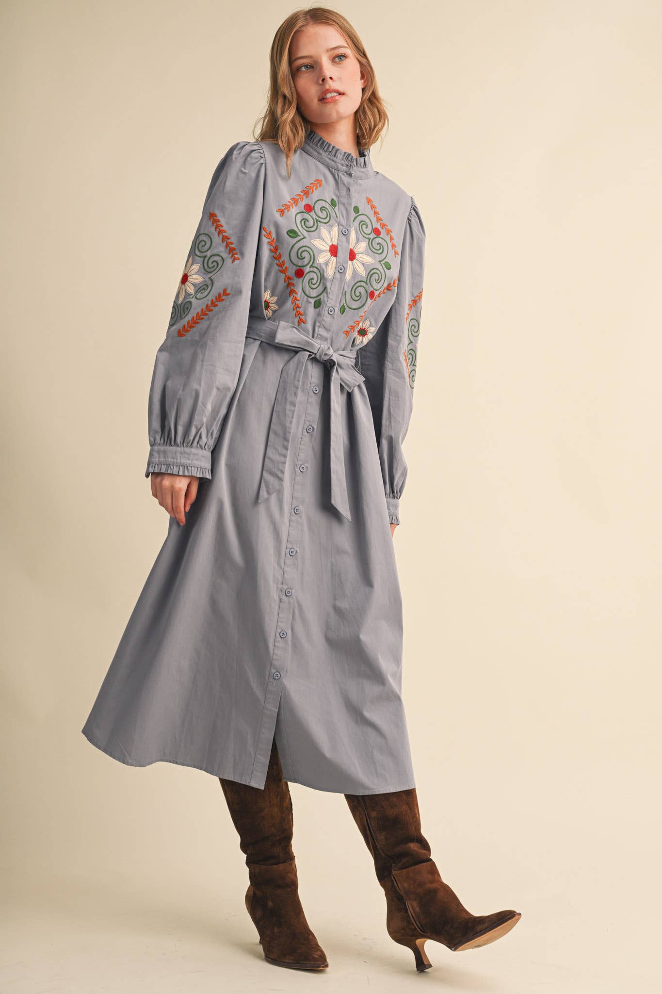 FLORAL EMBROIDERY BUTTON DOWN BELTED MIDI DRESS MDR5320