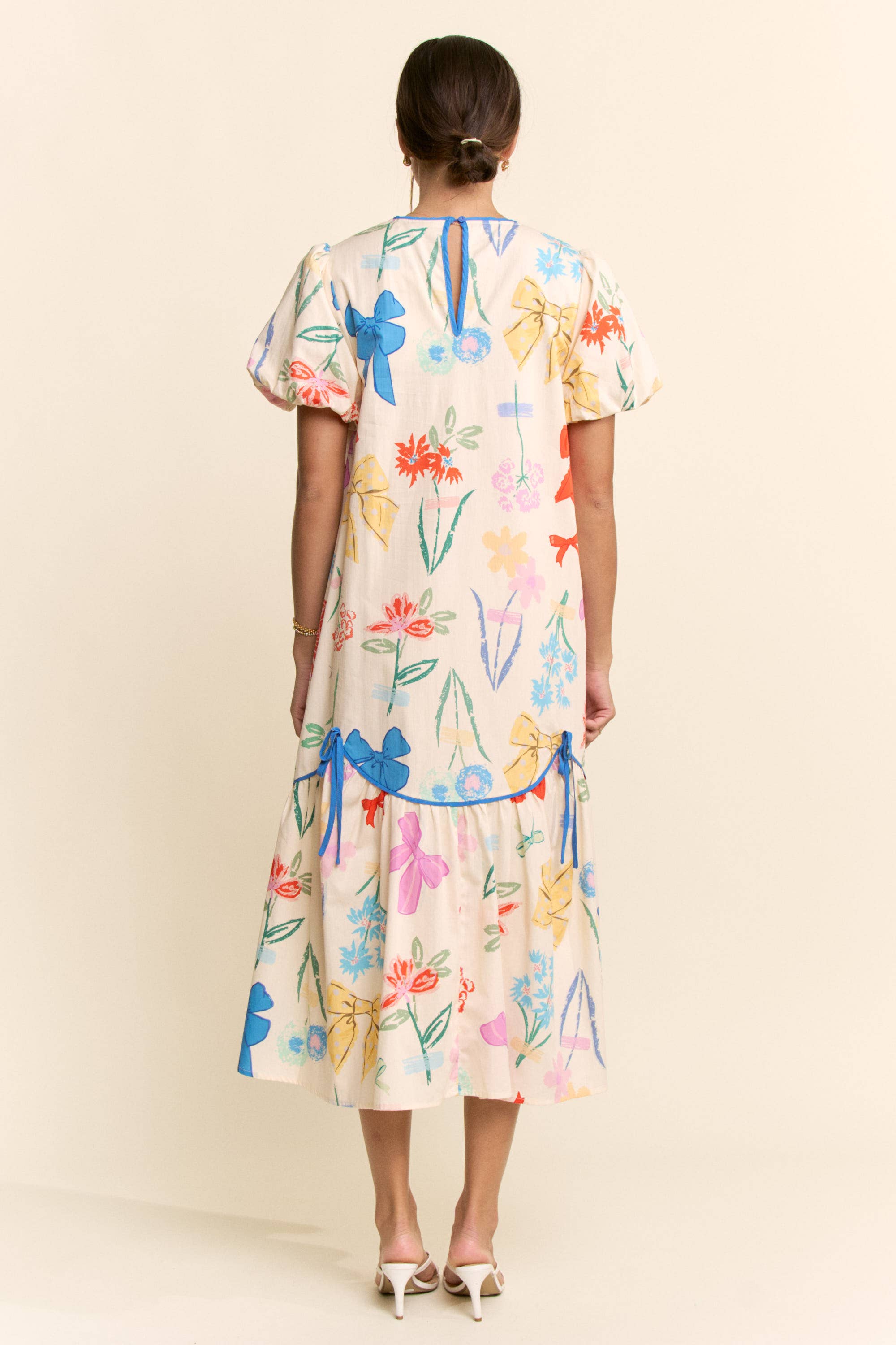 DD60119-BOW FLOWER PRINTED BINDING DETAIL MIDI DRESS
