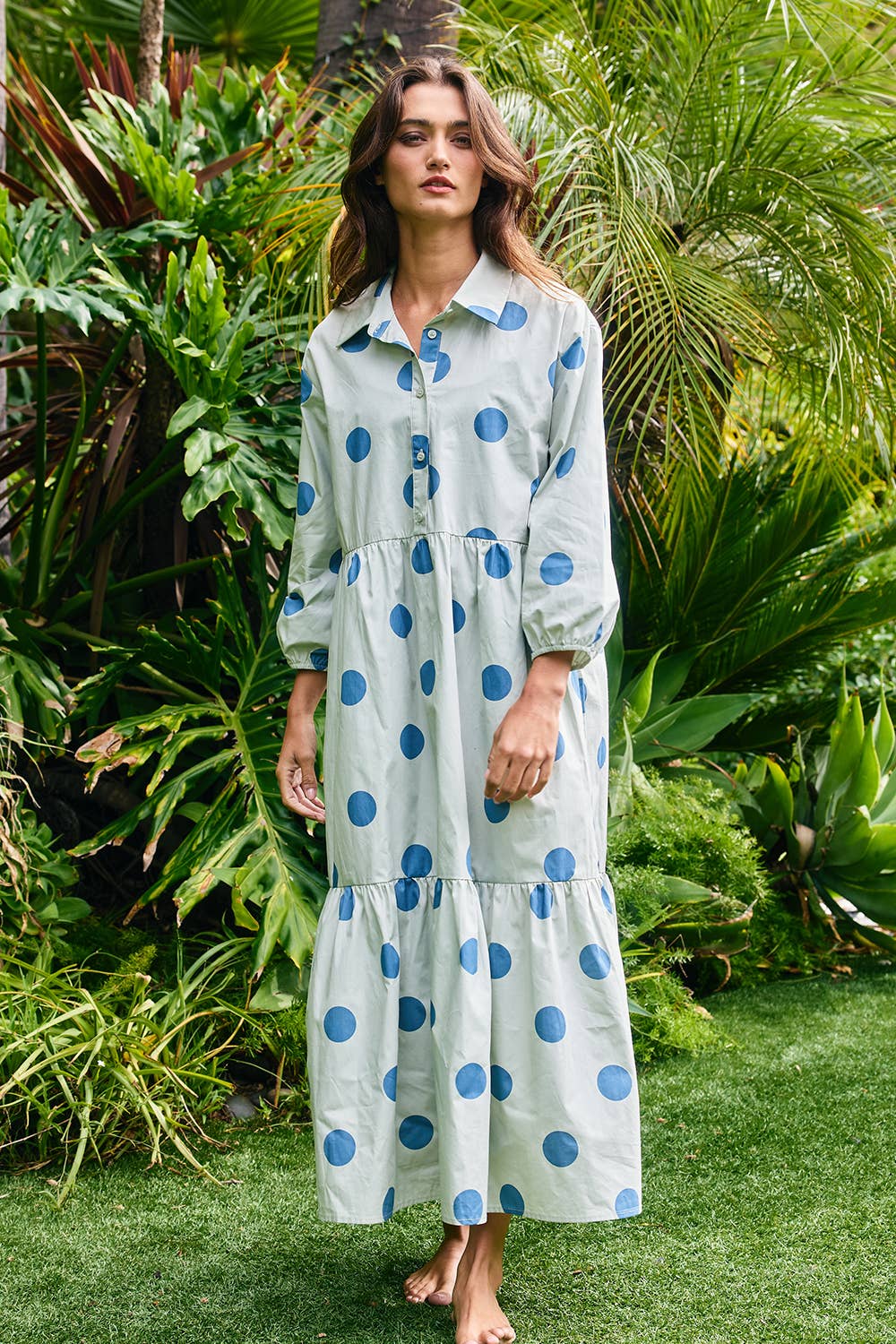 ID4253B | Polka Dot Print Tiered Midi Shirt Dress