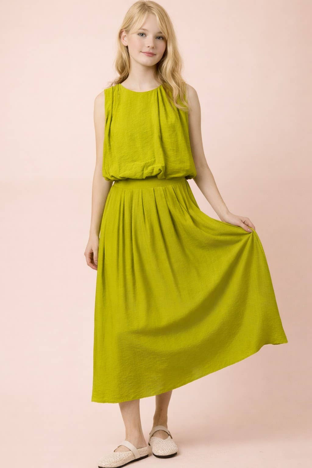 Pleated Bubble Blouse Top & Midi Skirt Set