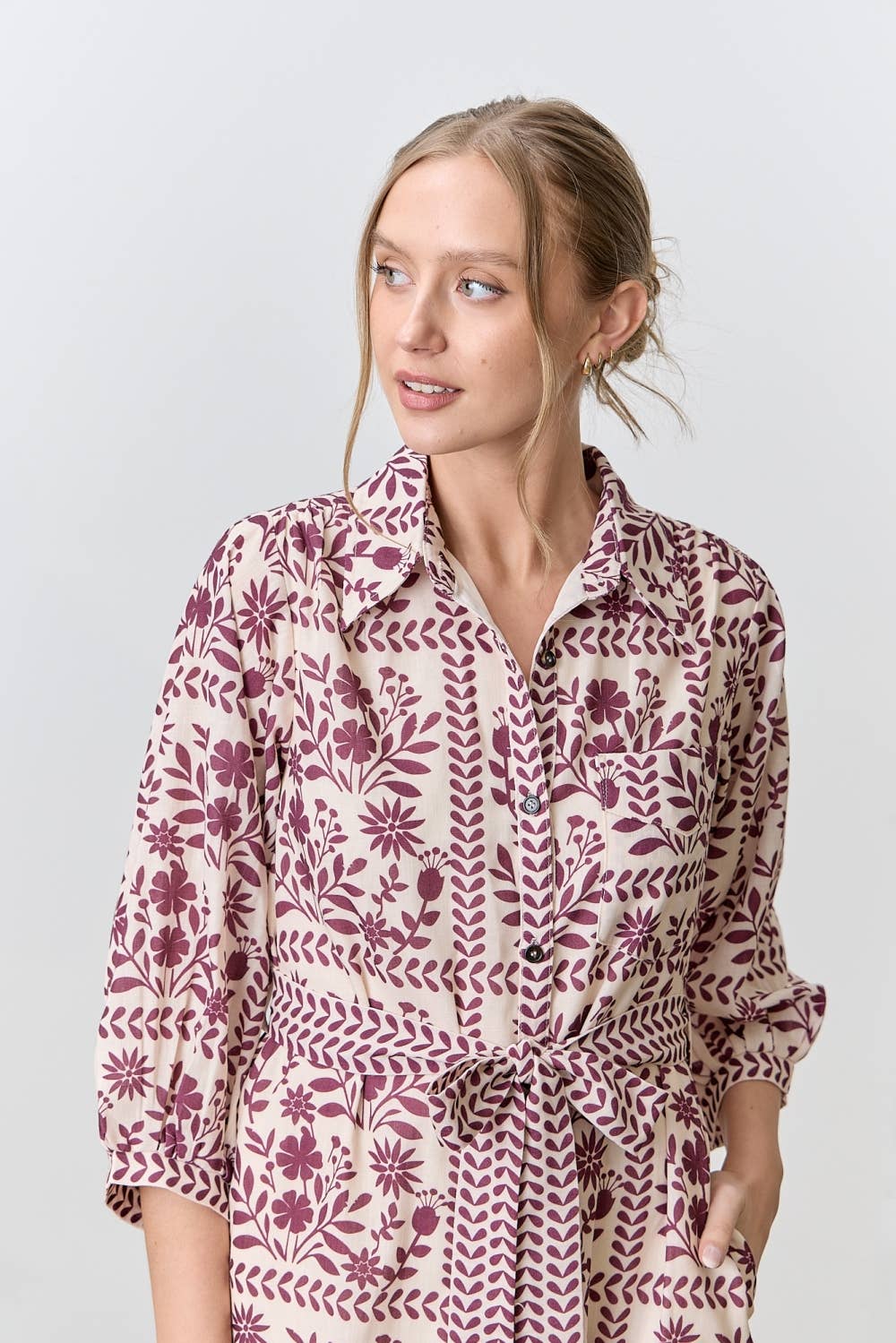 BORDER FLORAL PRINT SHIRT DRESS