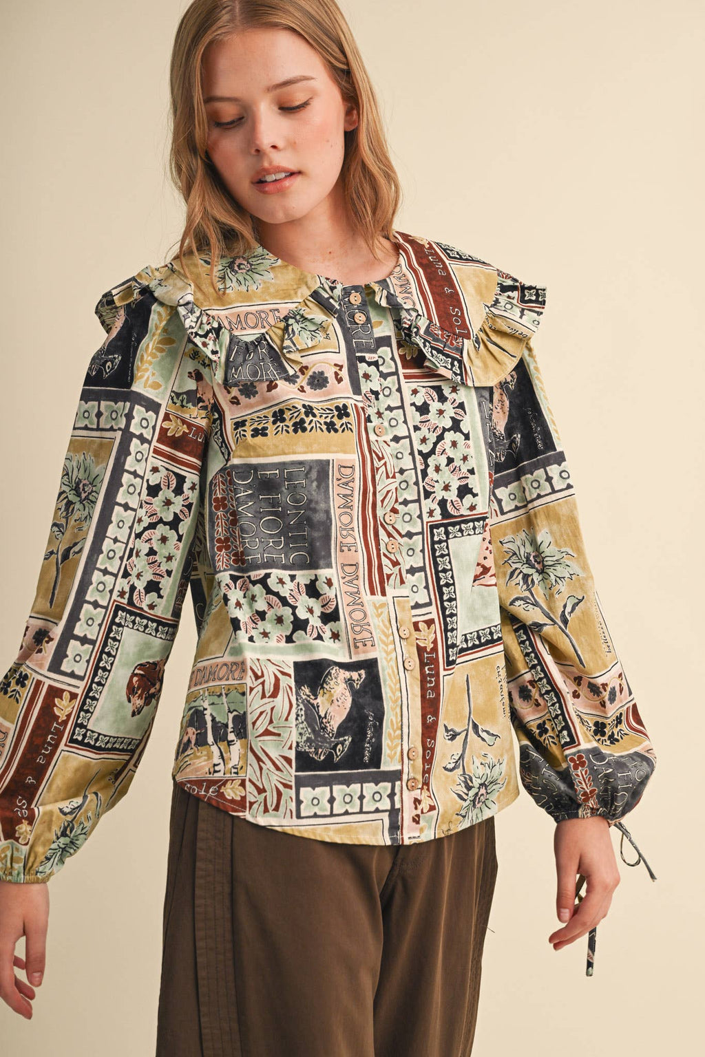 PATCHWORK PRINT DOLL COLLAR BUTTON UP TOP MTP5357