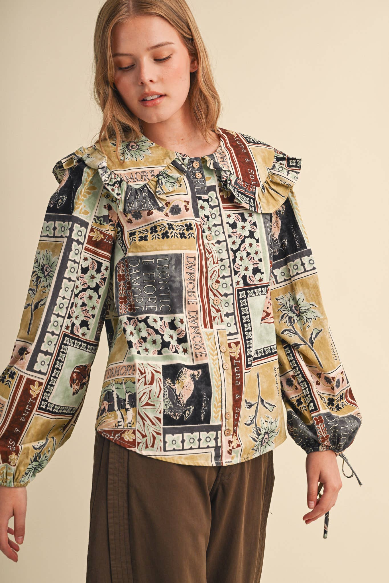 PATCHWORK PRINT DOLL COLLAR BUTTON UP TOP MTP5357