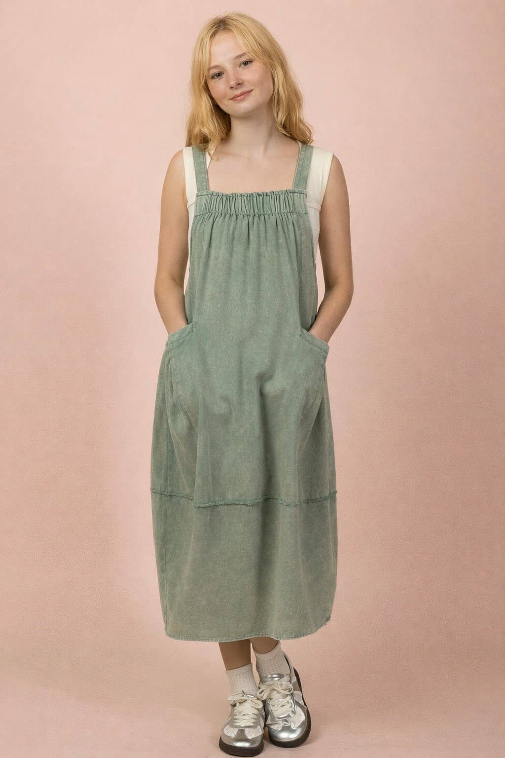Mineral Washed Denim Overall Casual Midi Dress