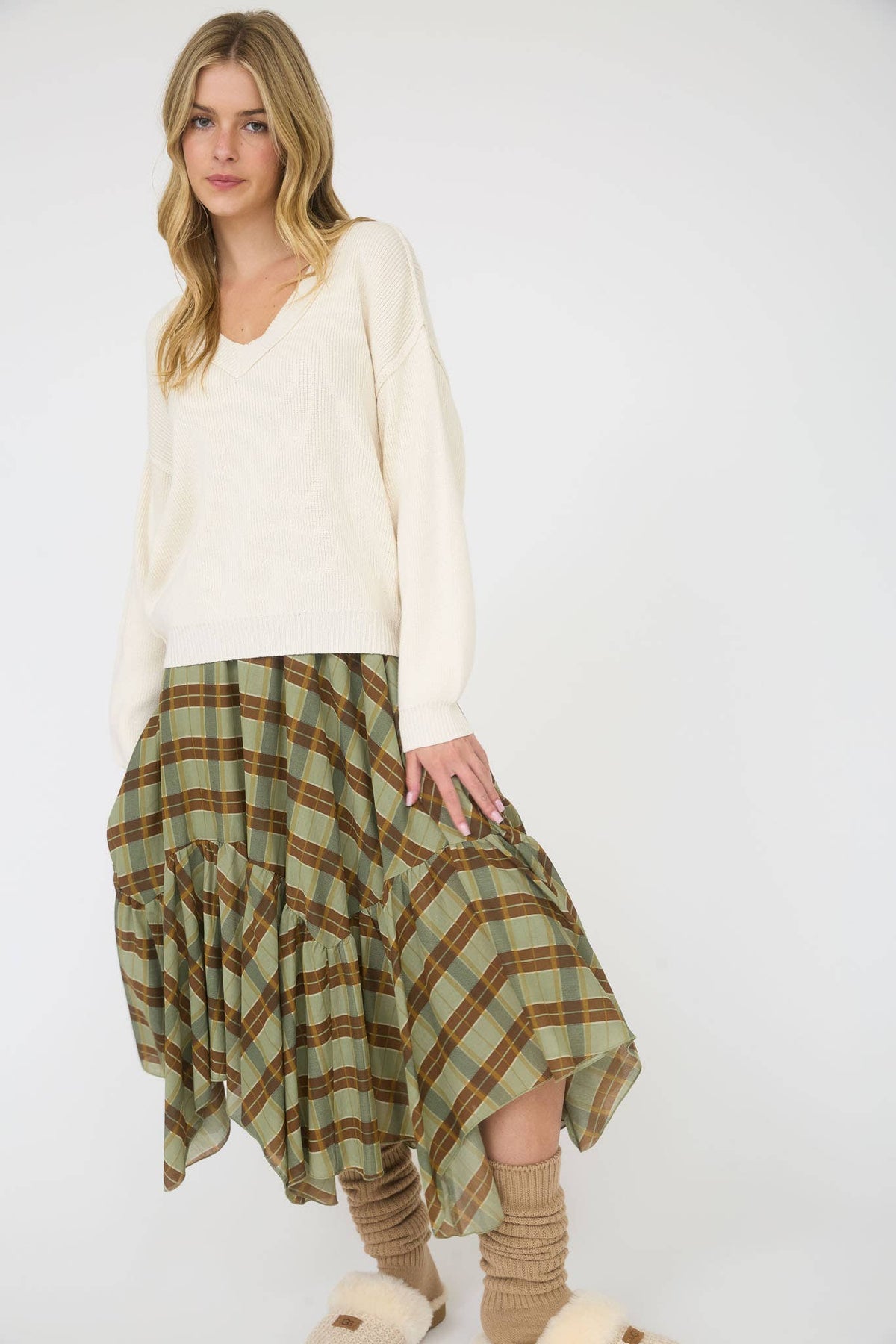 Josie Plaid Ruffle Midi Skirt