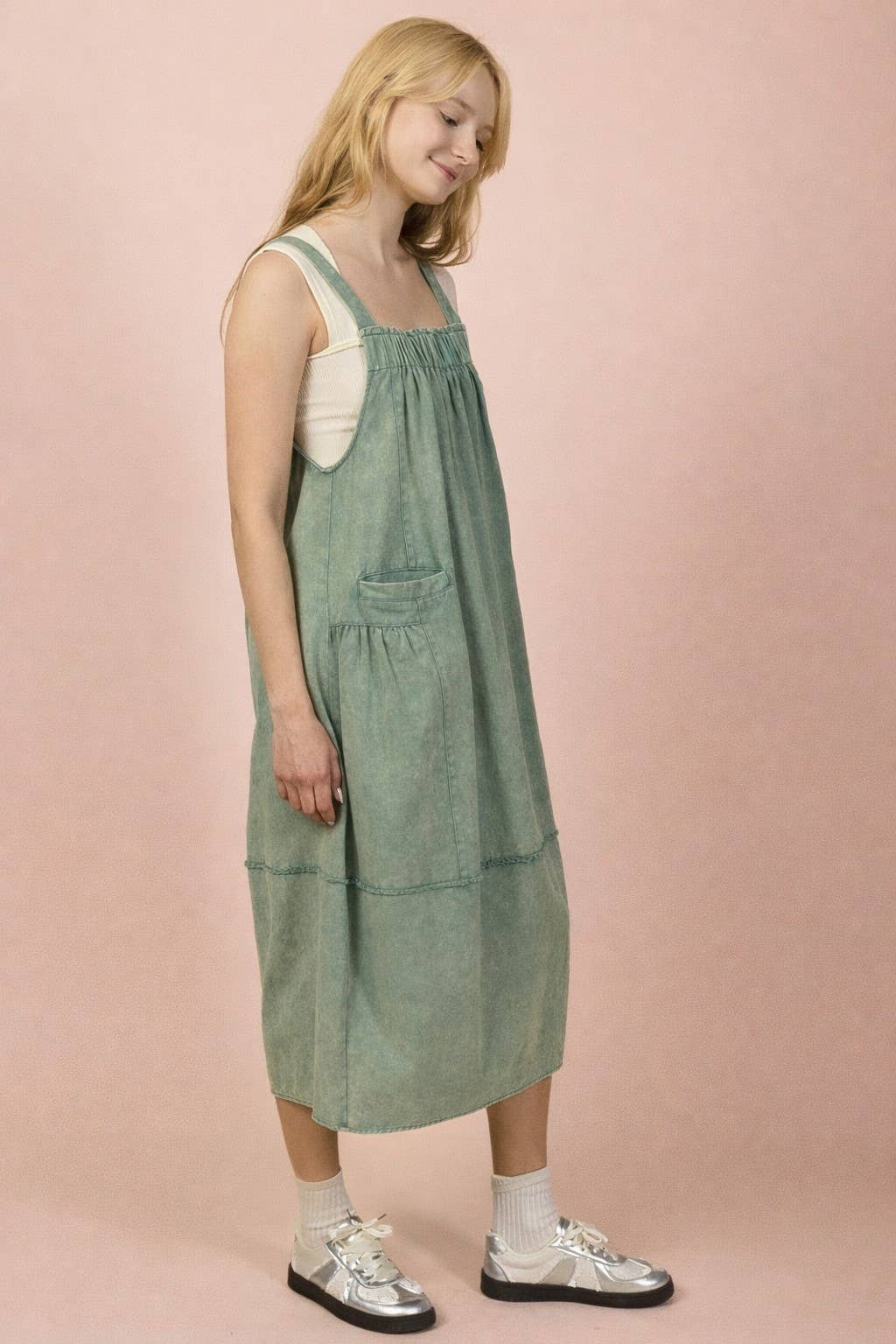 Mineral Washed Denim Overall Casual Midi Dress