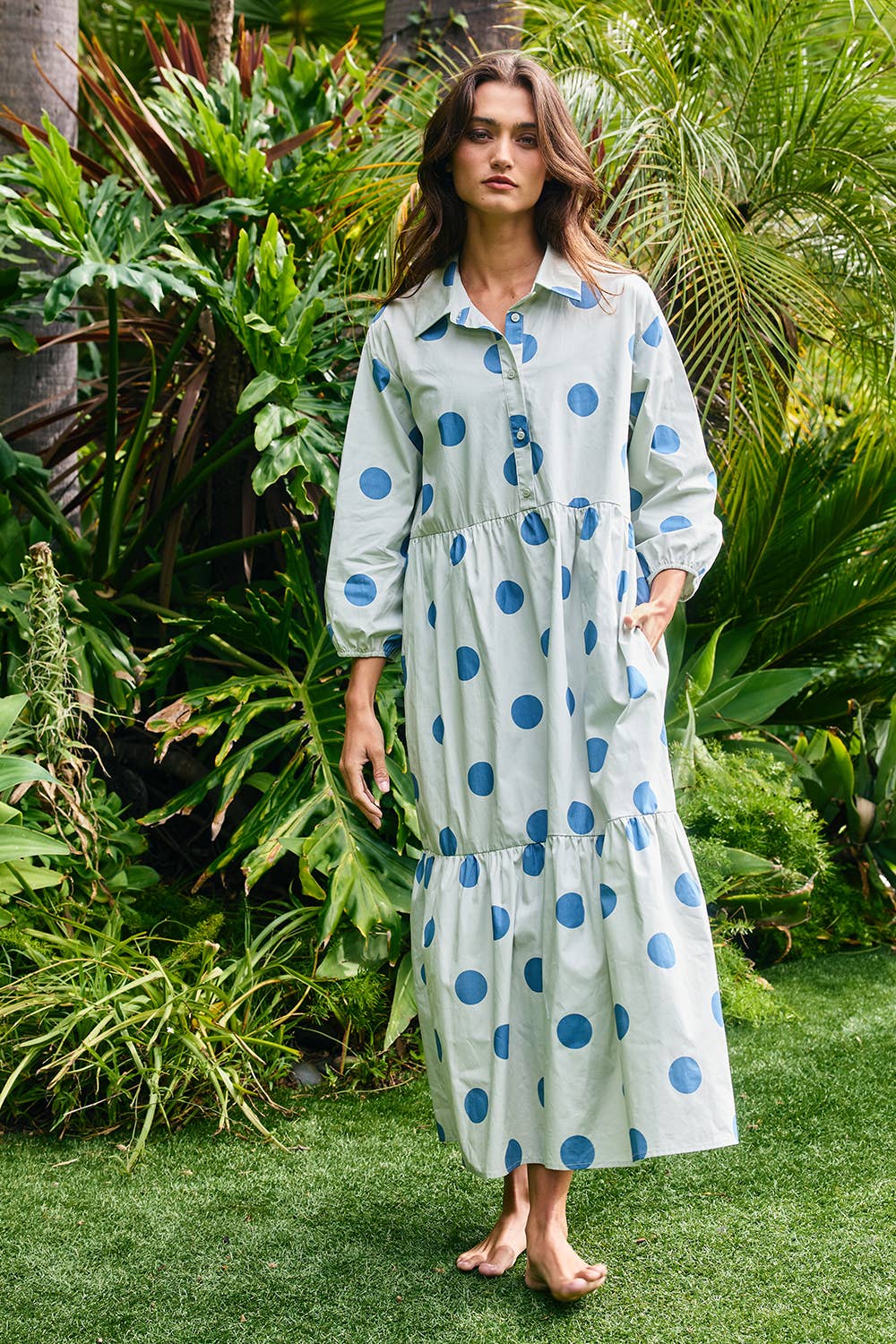 ID4253B | Polka Dot Print Tiered Midi Shirt Dress