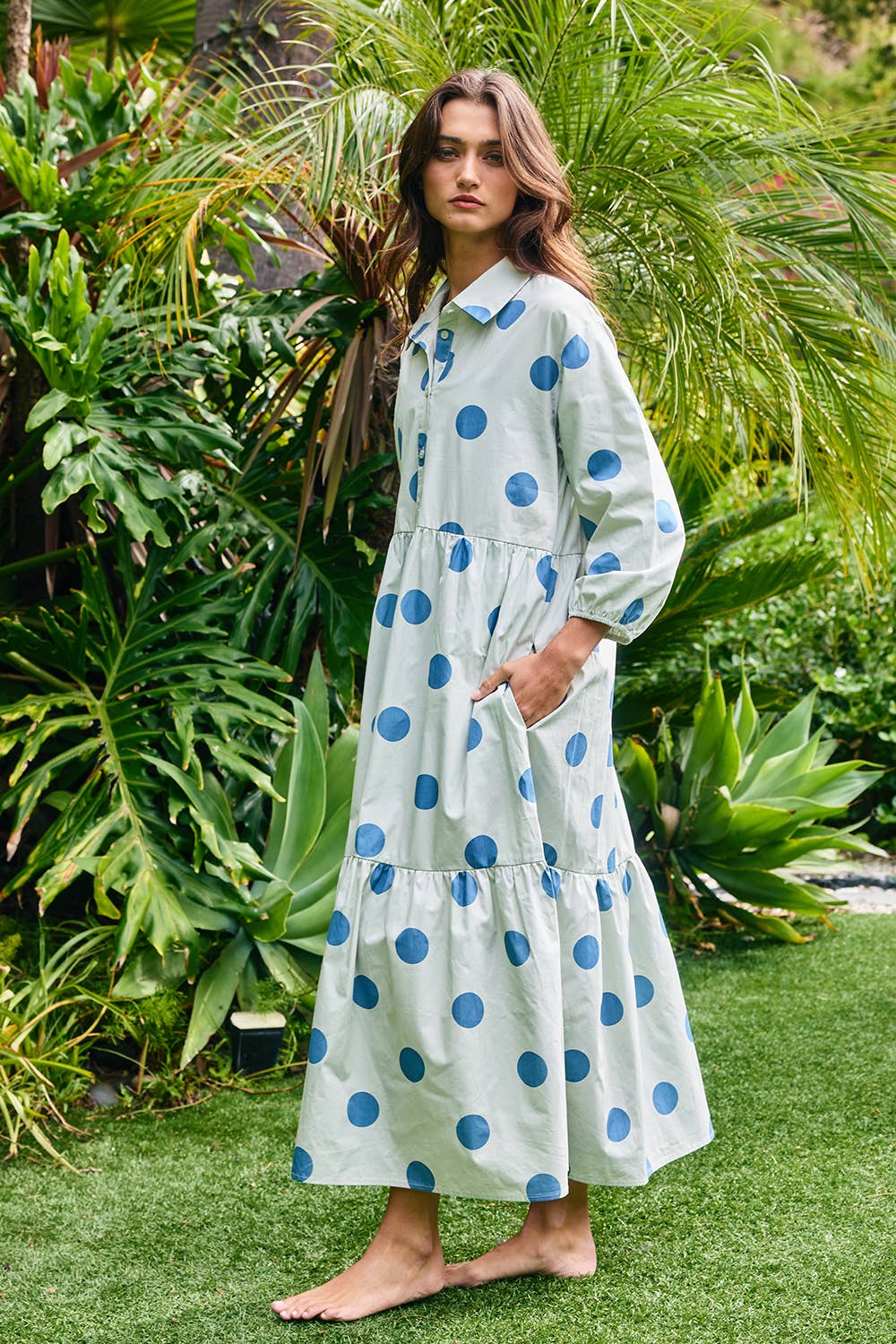 ID4253B | Polka Dot Print Tiered Midi Shirt Dress