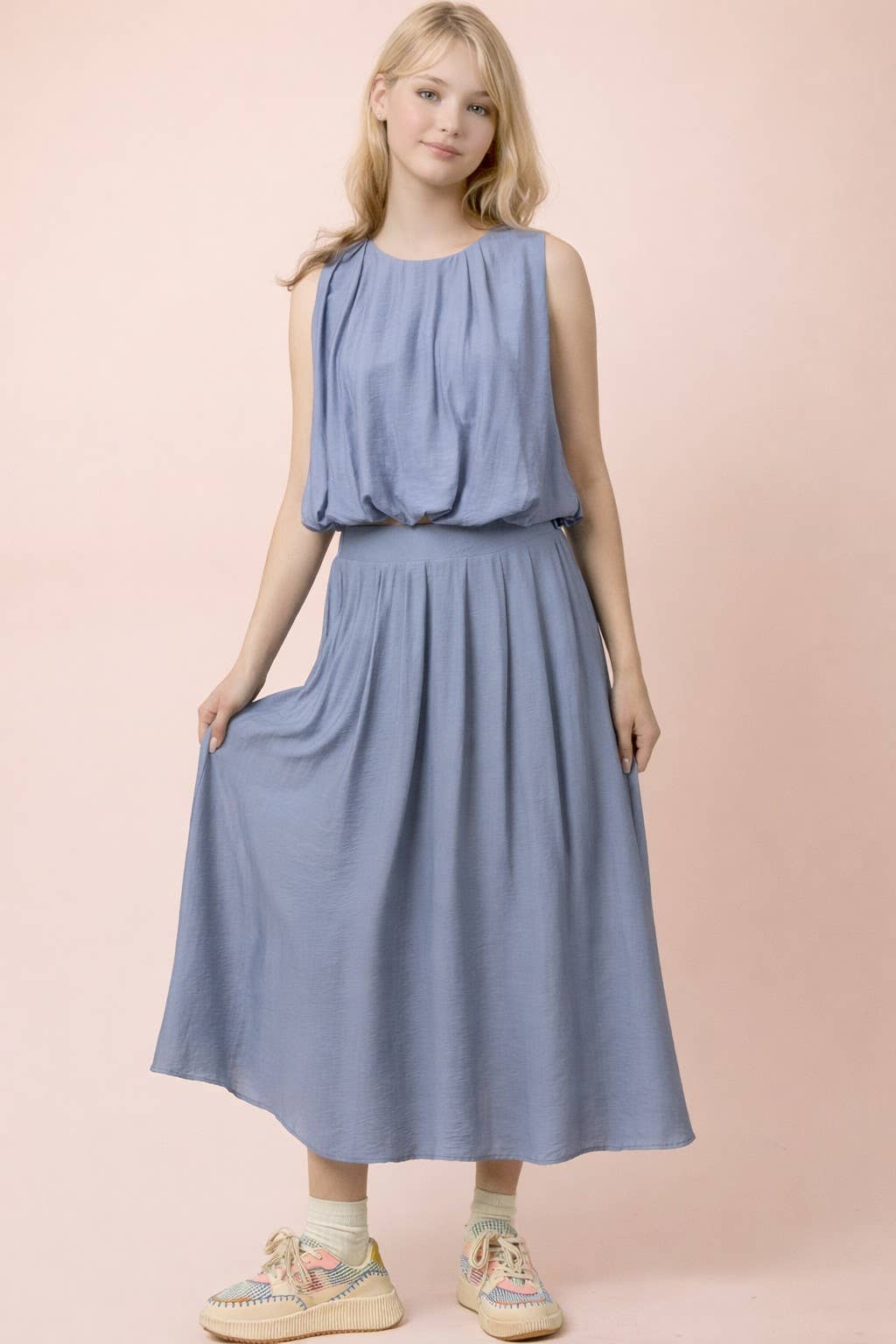 Pleated Bubble Blouse Top & Midi Skirt Set