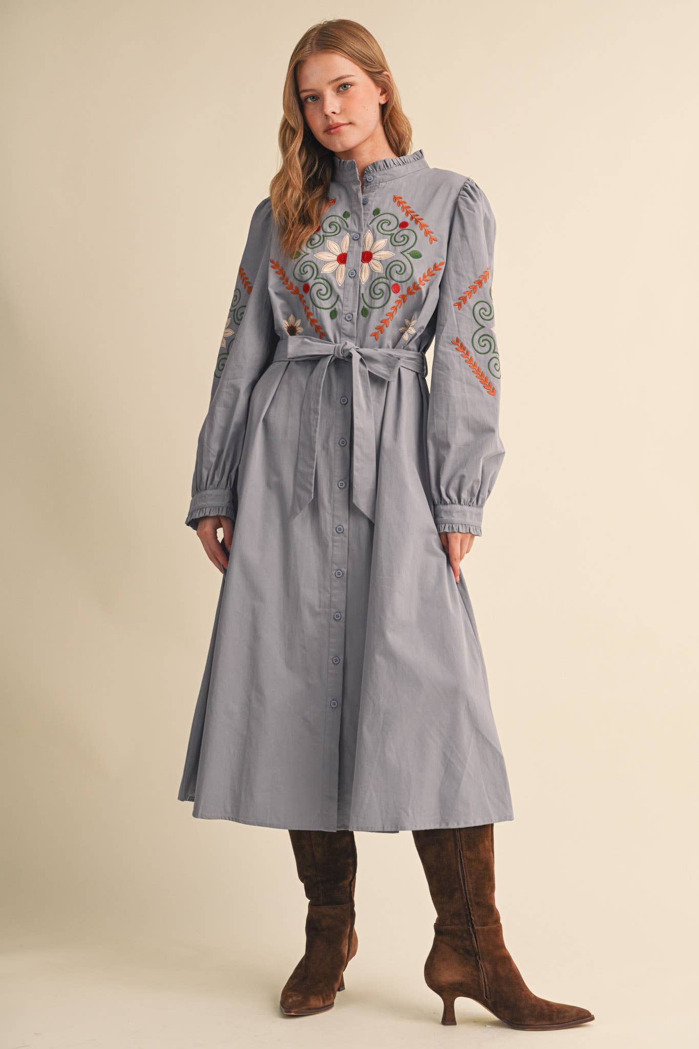 FLORAL EMBROIDERY BUTTON DOWN BELTED MIDI DRESS MDR5320