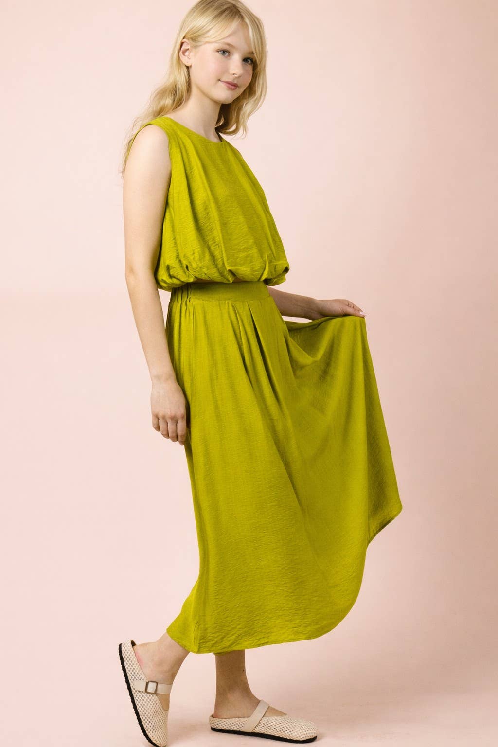 Pleated Bubble Blouse Top & Midi Skirt Set