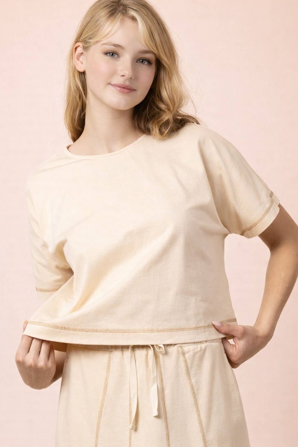 NT12673-Stitch Detail Casual Knit Top