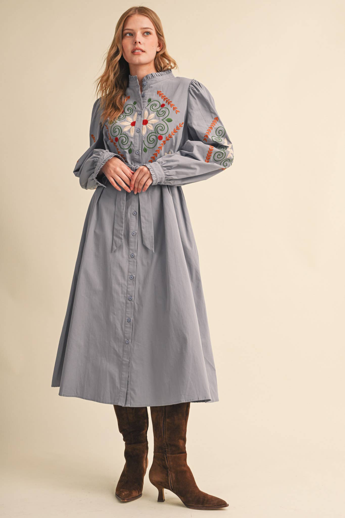 FLORAL EMBROIDERY BUTTON DOWN BELTED MIDI DRESS MDR5320