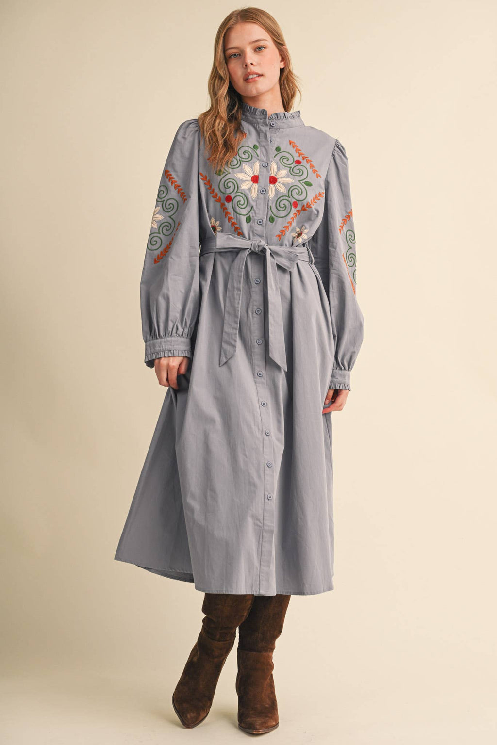 FLORAL EMBROIDERY BUTTON DOWN BELTED MIDI DRESS MDR5320
