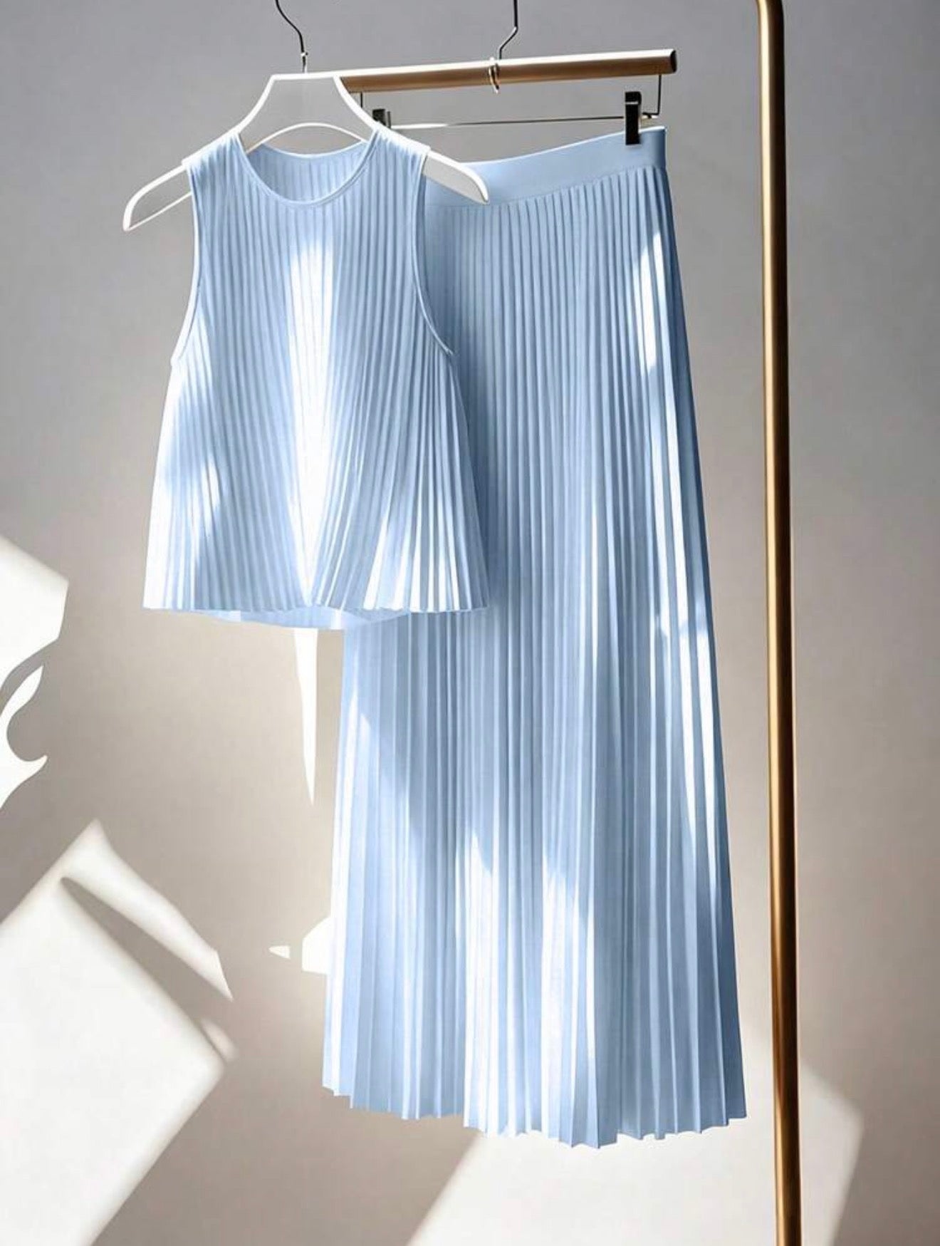 Blue Pleated Skirt & Shirt Set