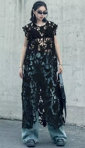 Black Lace Hollow Maxi Dress