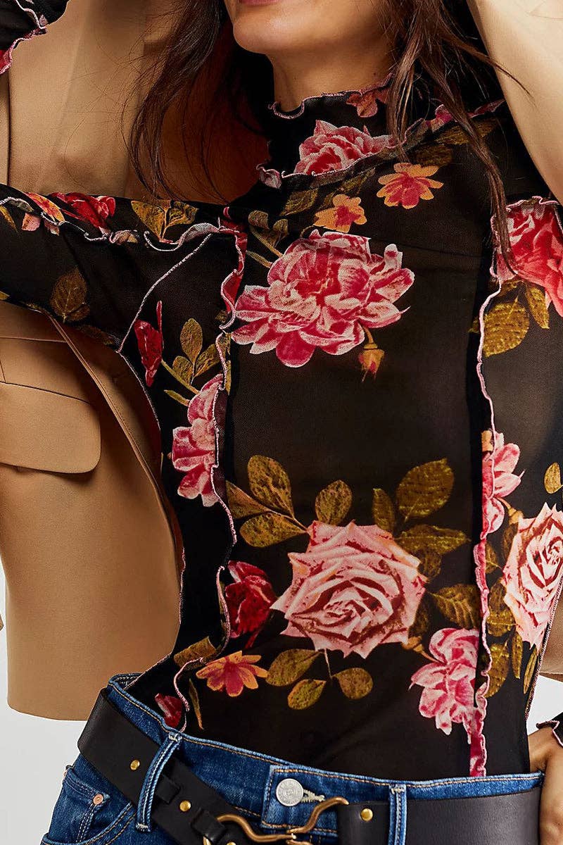 Floral Mesh Long Sleeve Blouse