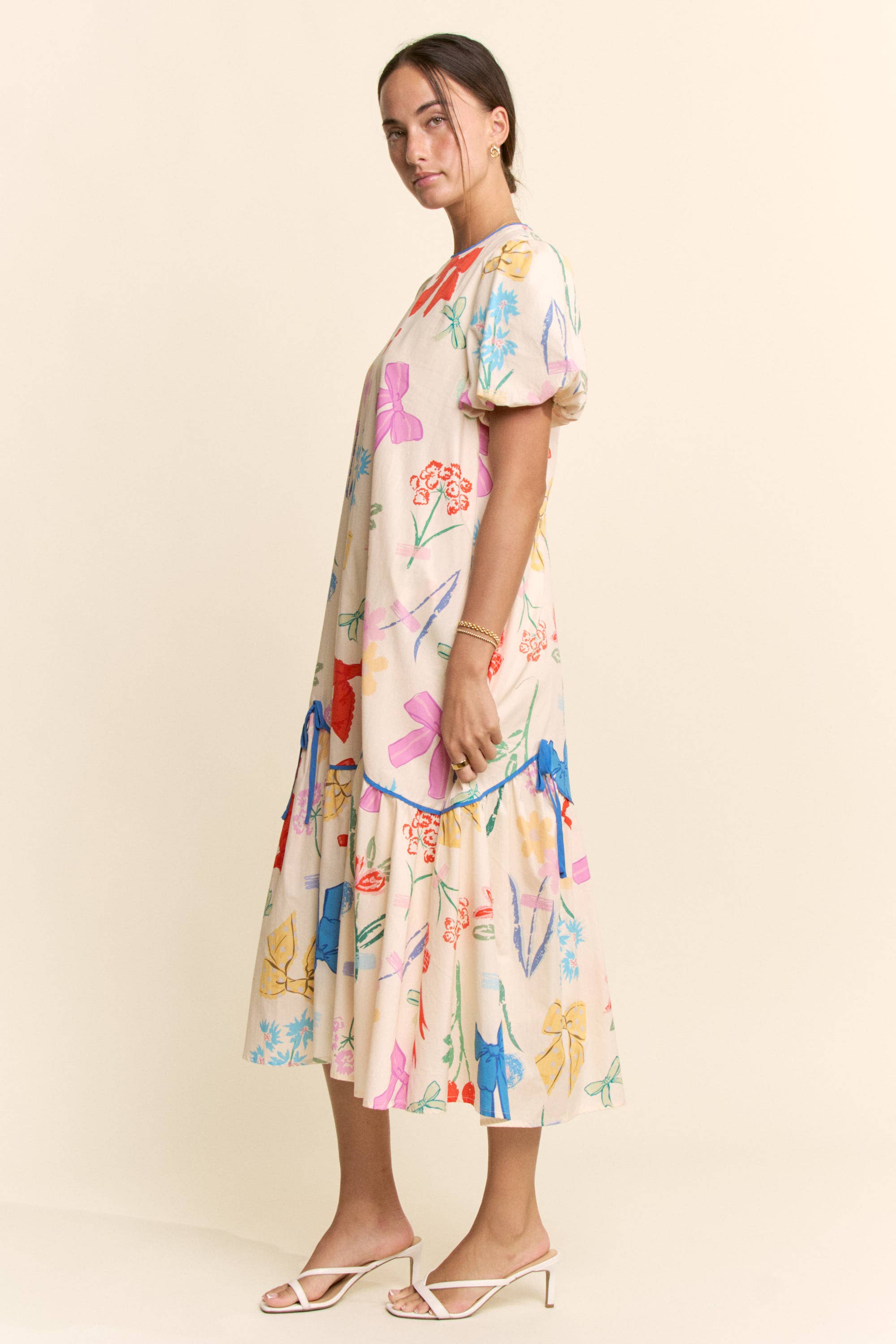 DD60119-BOW FLOWER PRINTED BINDING DETAIL MIDI DRESS