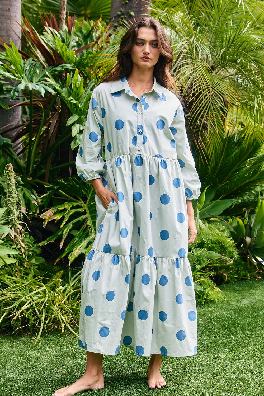 ID4253B | Polka Dot Print Tiered Midi Shirt Dress