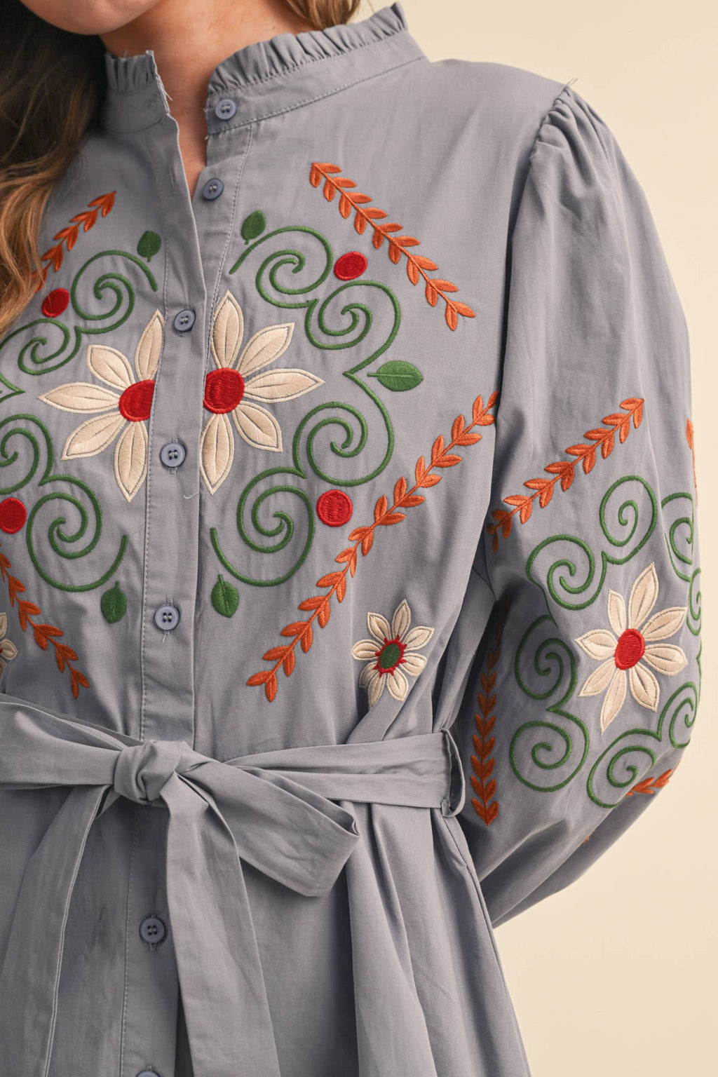 FLORAL EMBROIDERY BUTTON DOWN BELTED MIDI DRESS MDR5320