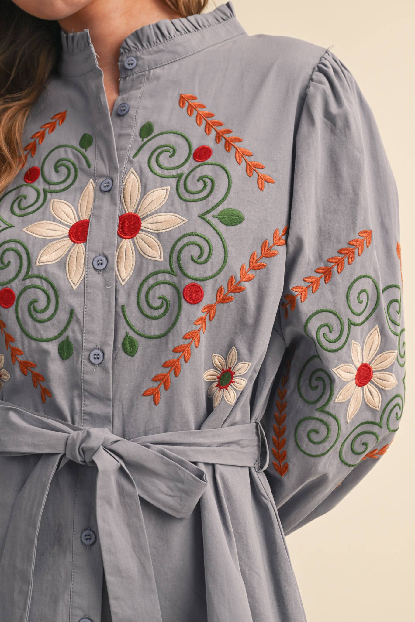 FLORAL EMBROIDERY BUTTON DOWN BELTED MIDI DRESS MDR5320