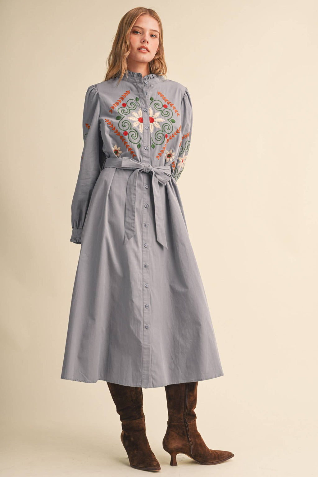 FLORAL EMBROIDERY BUTTON DOWN BELTED MIDI DRESS MDR5320