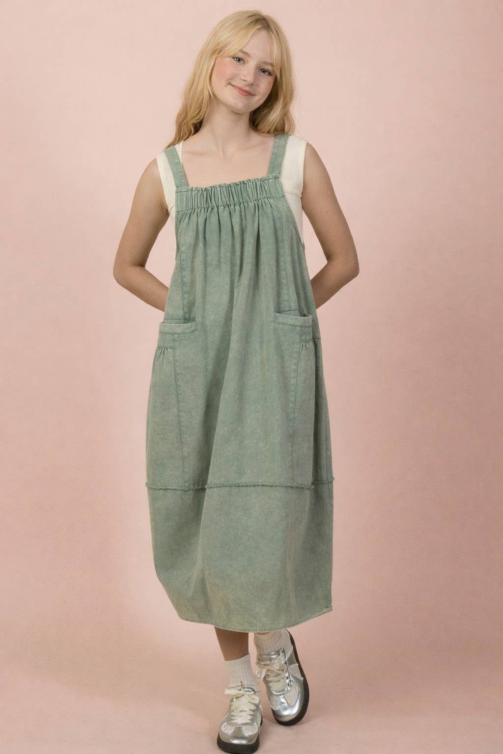 Mineral Washed Denim Overall Casual Midi Dress