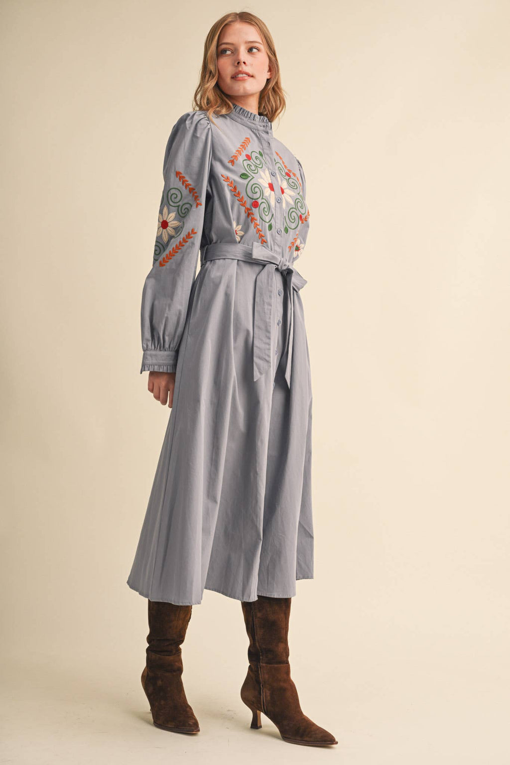 FLORAL EMBROIDERY BUTTON DOWN BELTED MIDI DRESS MDR5320