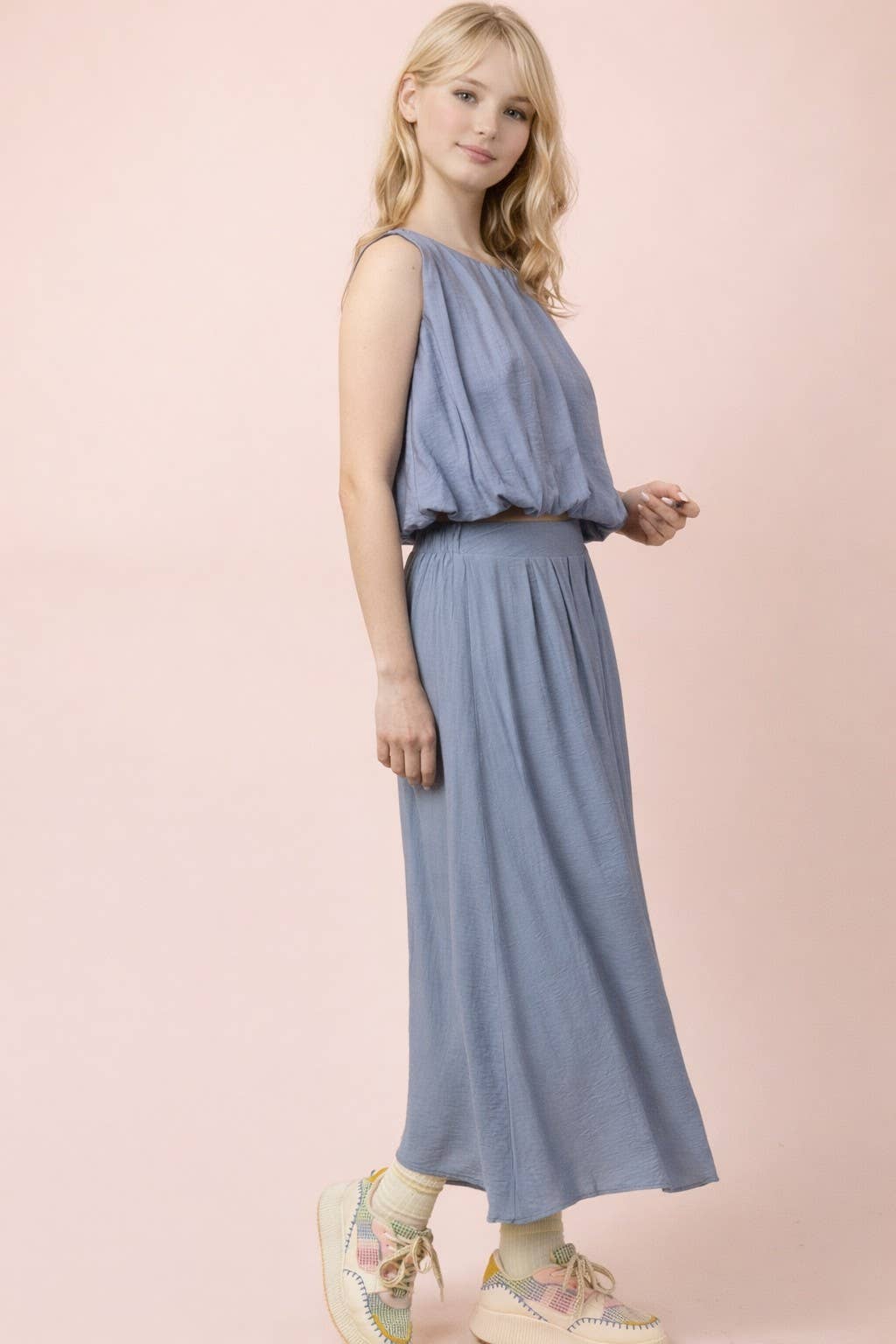 Pleated Bubble Blouse Top & Midi Skirt Set