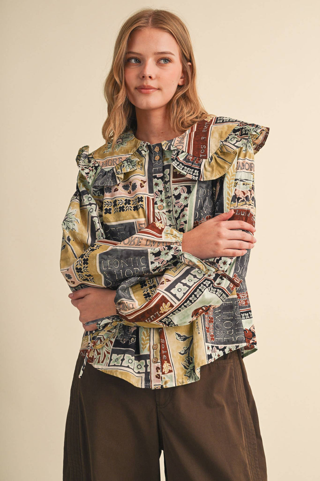 PATCHWORK PRINT DOLL COLLAR BUTTON UP TOP MTP5357